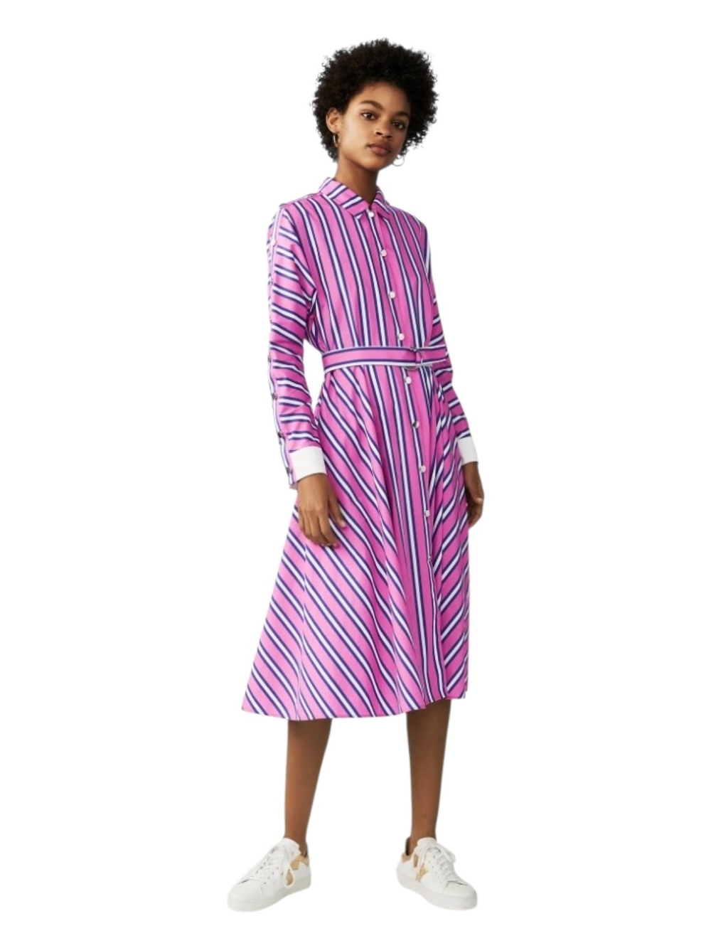 Maje Pink and White Striped Midi Shirt Dress